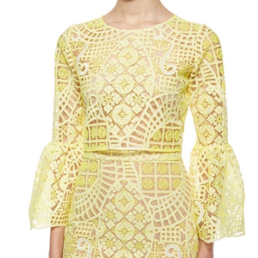ALEXIS Lace Overlay Sheath Top in Lemon Yellow Size XS